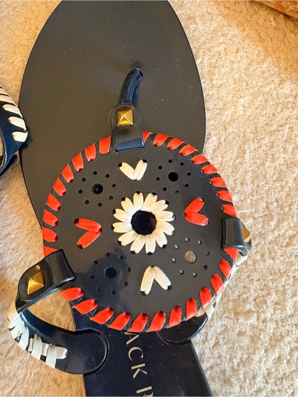 Jack Rogers Navy Sandal with Red and White Embellished Medallions - Picture 2 of 5